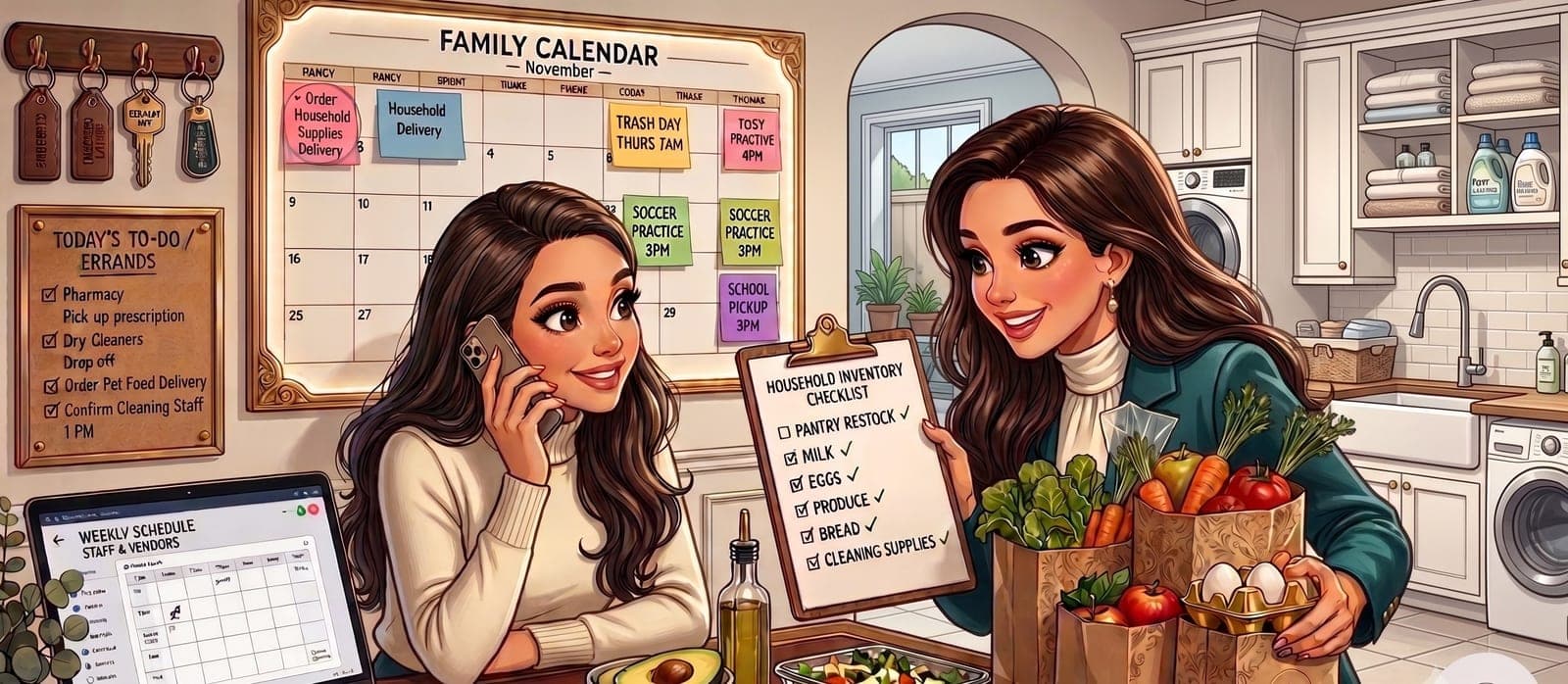 Two household managers in a kitchen, working from a family calendar, a weekly staff and vendor schedule, a daily errands list, and a household inventory checklist.