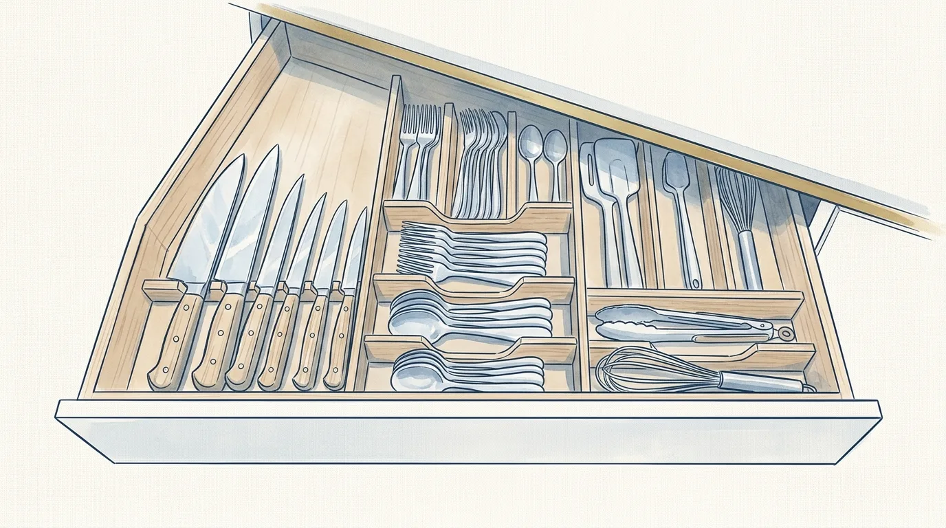 Watercolour illustration of an open freezer drawer seen from above, contents standing upright in even files like books on a shelf, one blank pale card tucked at the front of each file