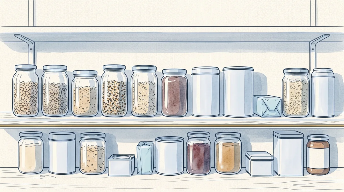 Watercolour illustration of a pantry shelf at eye level holding jars and tins front faced in a single even row with equal gaps, one shallow empty tray at the right end