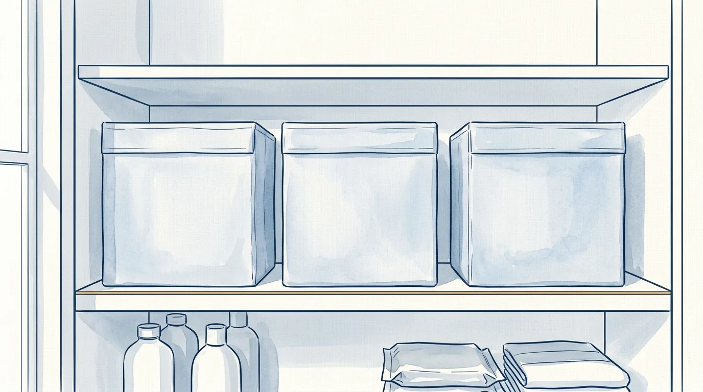 Watercolour illustration of a storage closet with two clearly separated zones of evenly spaced bins divided by a thin navy rule, the floor completely clear with a path to the front of frame