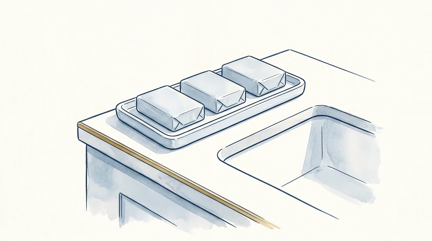 Watercolour illustration of an open cabinet with two shelves, the lower holding an even row of identical bottles, the upper empty and tinted mist blue, a thin brass rule along the shelf edge between them