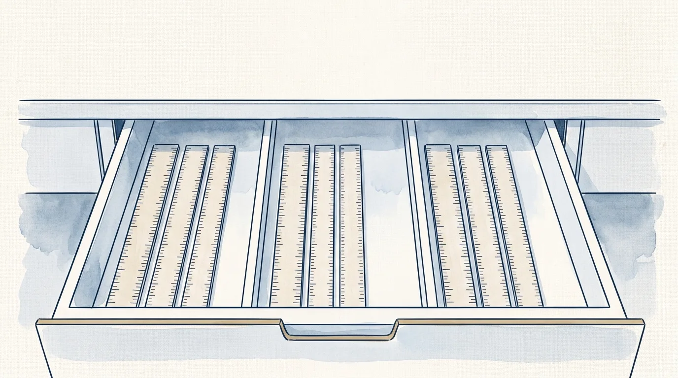 Watercolour illustration of an open drawer interior seen from directly above, contents arranged in even rows with clear gaps and a shallow divider tray at the left