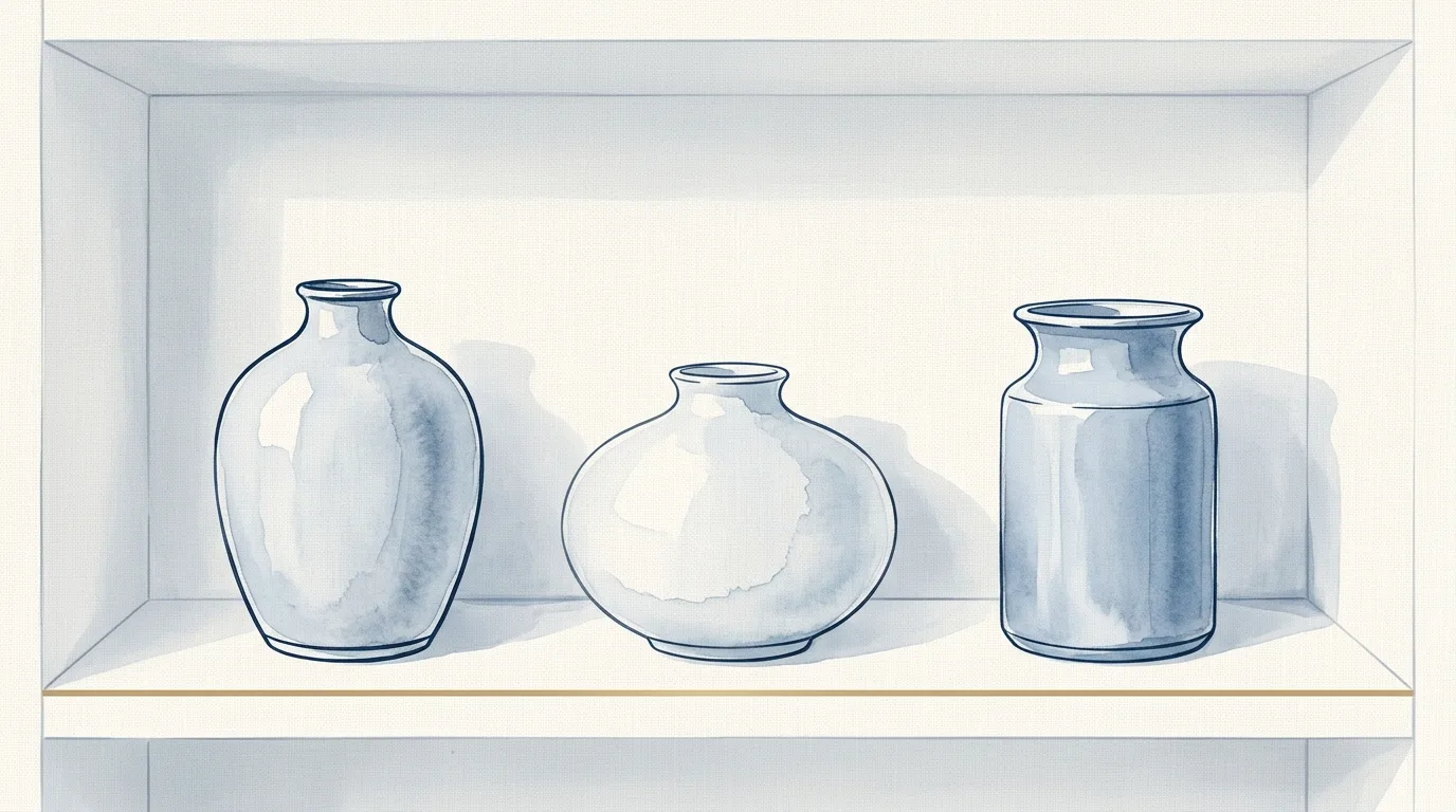 Watercolour illustration of a tall open shelving unit against a pale wall, five shelves each holding a small even row of objects, one folded cloth on the lowest shelf
