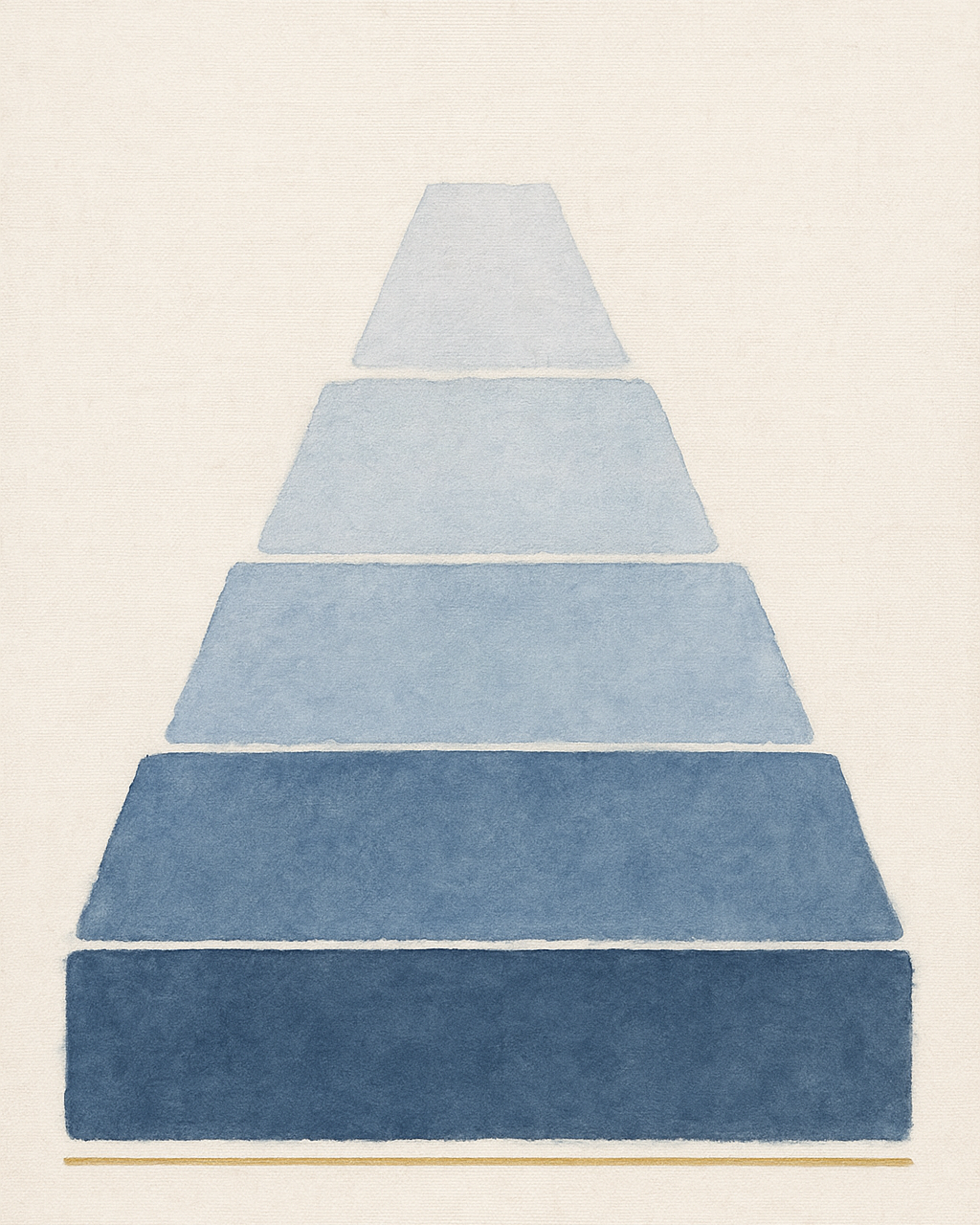 Watercolour illustration of a five-band pyramid on a linen ground, deep navy at the wide base rising through blues to the palest mist blue at the narrow top, with a single thin brass rule beneath
