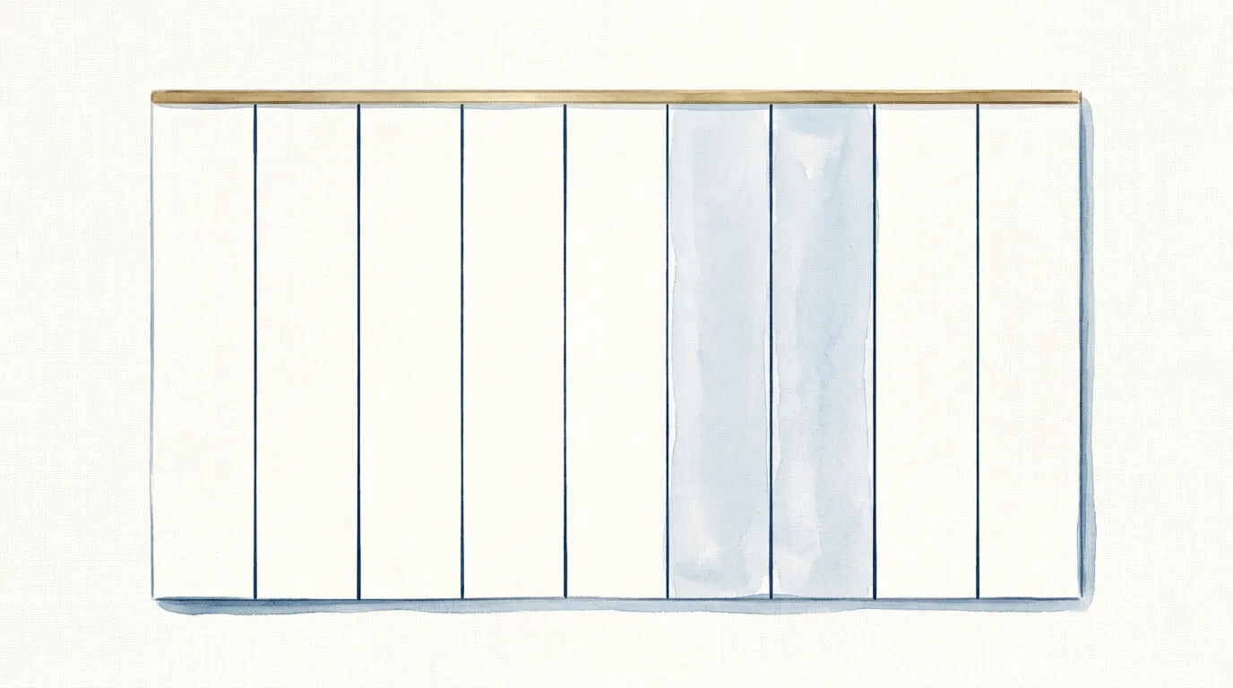 A wall-mounted planning board ruled into narrow columns, two of them washed pale blue
