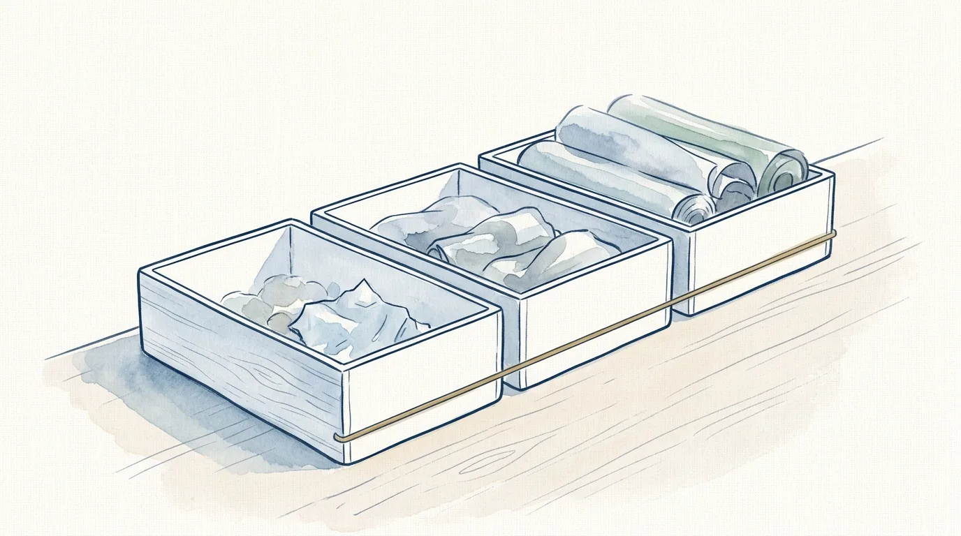 Watercolour illustration of four shallow open bins in a row on a pale wood floor beside a doorway, the first full, the second half full, the third holding a few items and the fourth empty