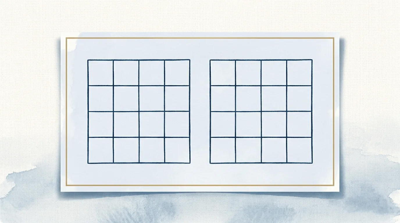 Watercolour illustration of three nested rectangles drawn as thin navy outlines on a linen ground, the innermost tinted mist blue, a single brass rule beneath
