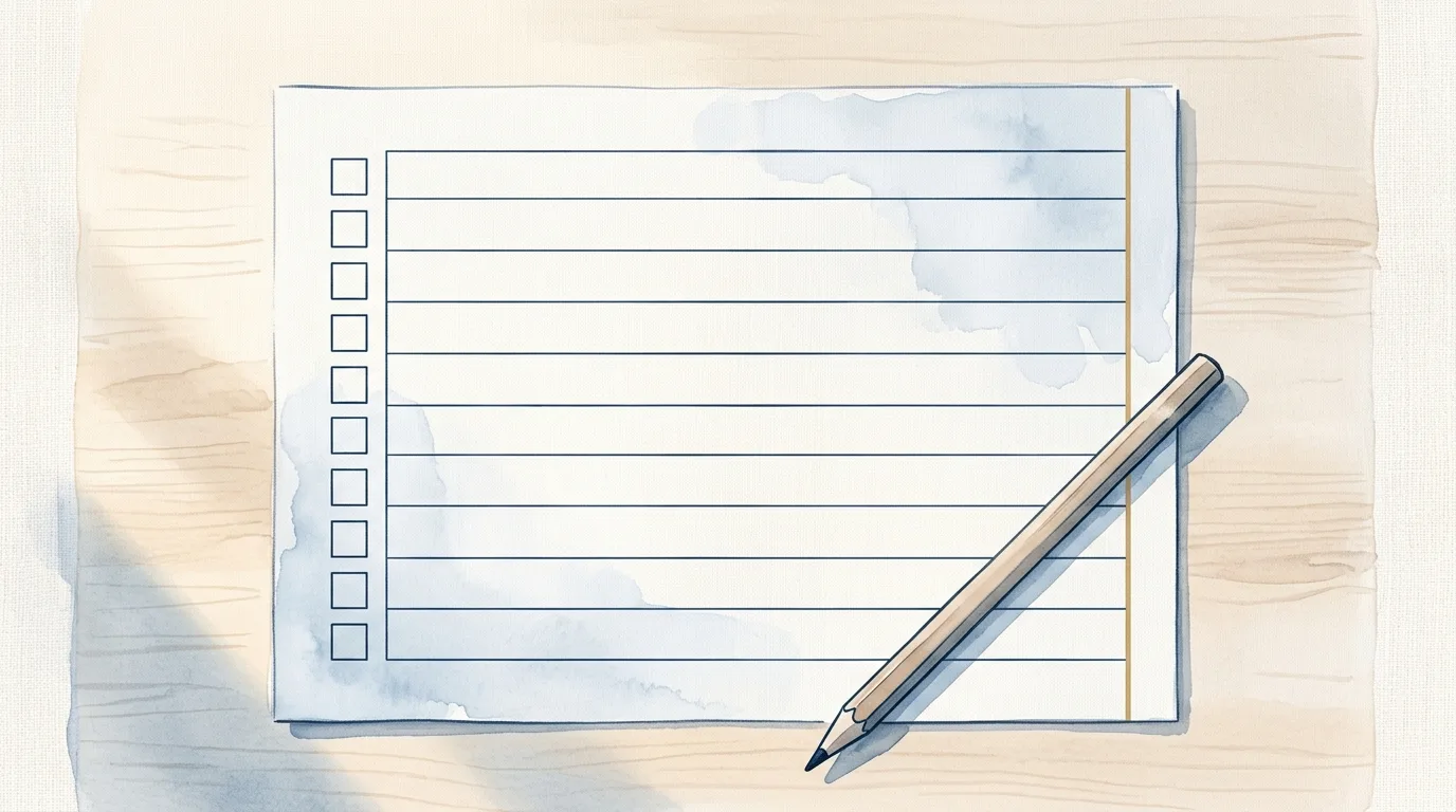 Watercolour illustration of a blank ruled audit page on a pale wood table, ten empty check squares down its left edge and a pencil resting across the lower corner