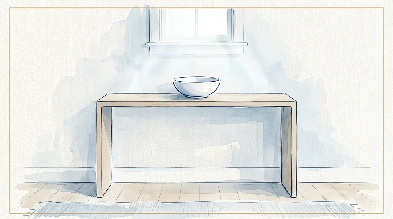 Watercolour illustration of three keys of different sizes lying in a row on a pale wood surface, each on its own small mist blue mat, a thin brass rule running beneath the row