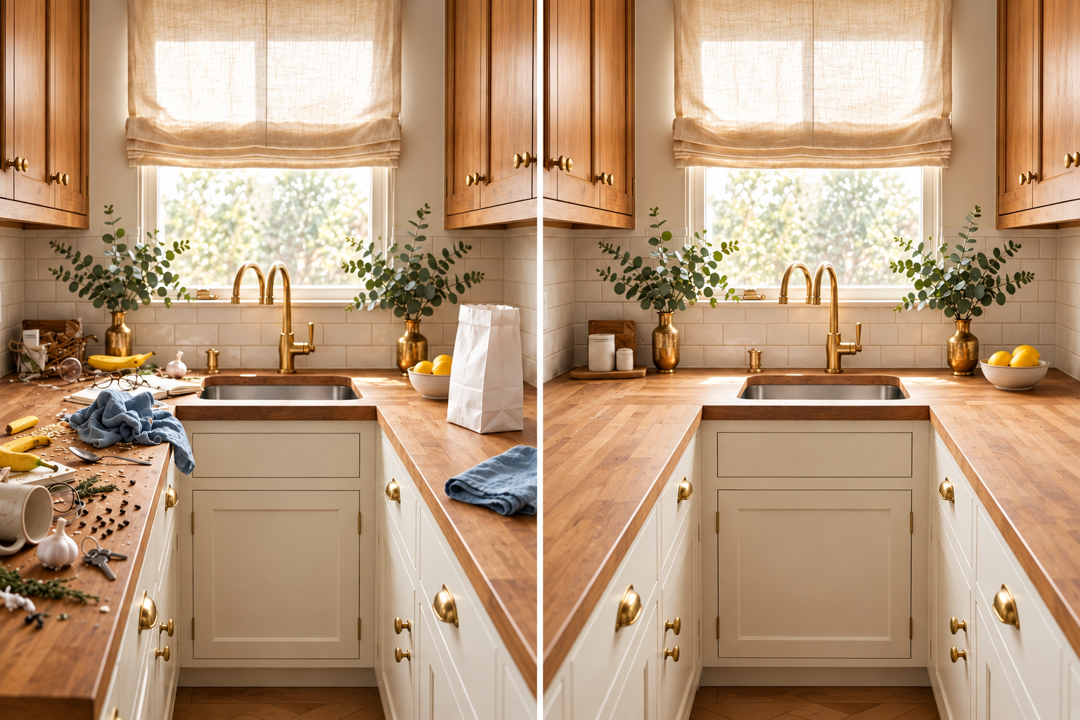 The same counter twice: spilled spices, keys, a mug and a towel on the left, clear and wiped on the right