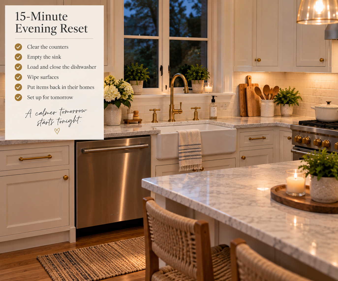 A kitchen at night with clear counters, an empty sink and a closed dishwasher, beside a card of six reset steps