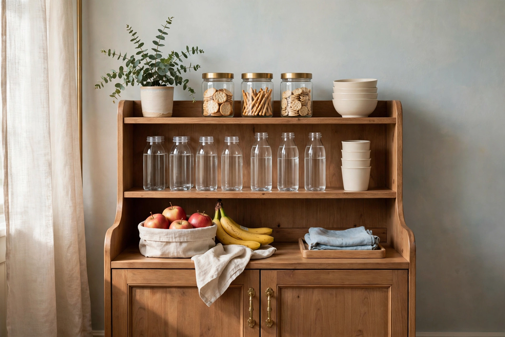 A low wooden hutch with cups, bowls, water bottles, jars of crackers and fruit, set out where children can serve themselves
