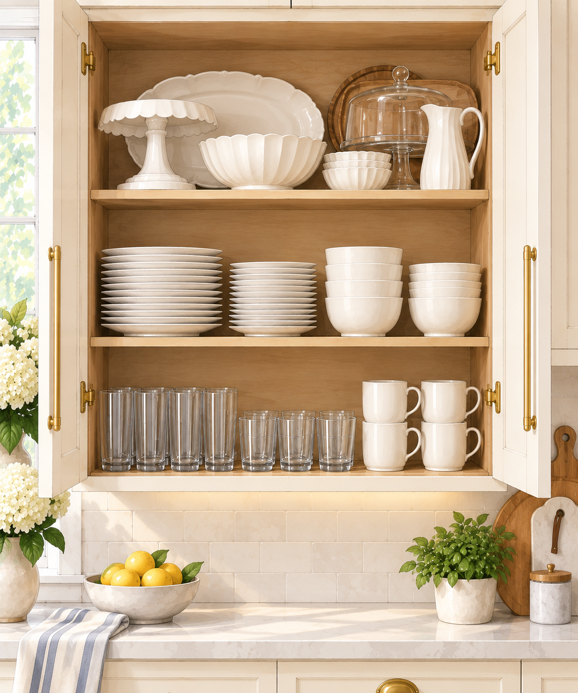 An open cabinet with everyday plates and bowls at eye level, glasses and mugs below and serving pieces on top