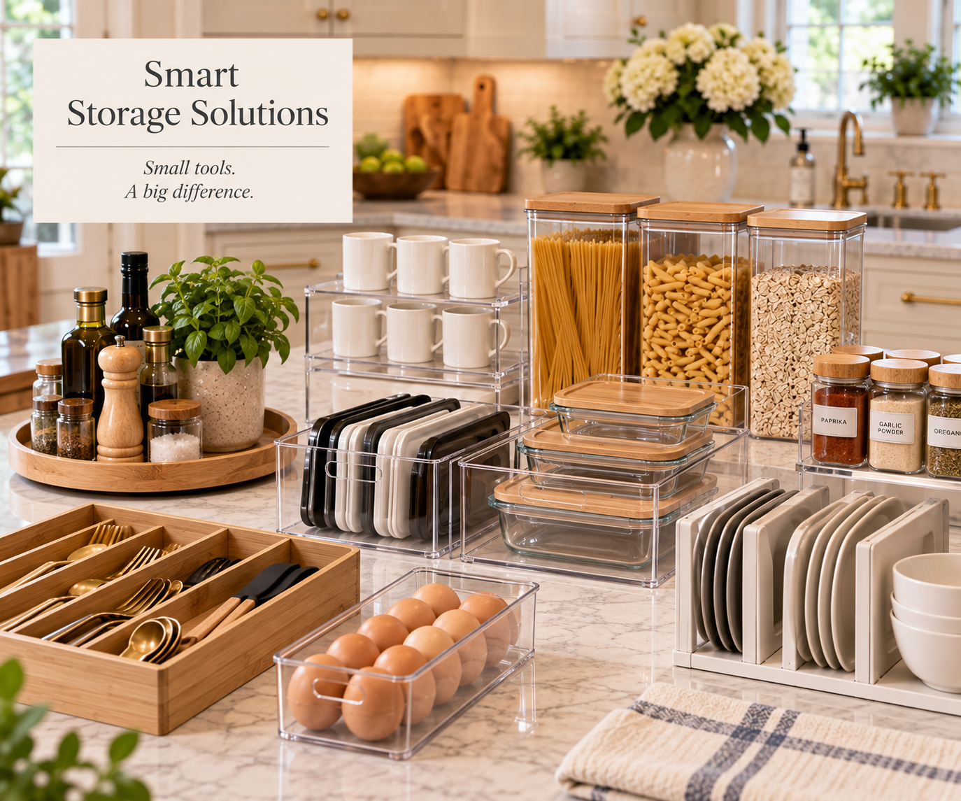 Storage tools on a counter: a lazy Susan, a stacked mug riser, clear bins, a drawer divider and an upright plate rack