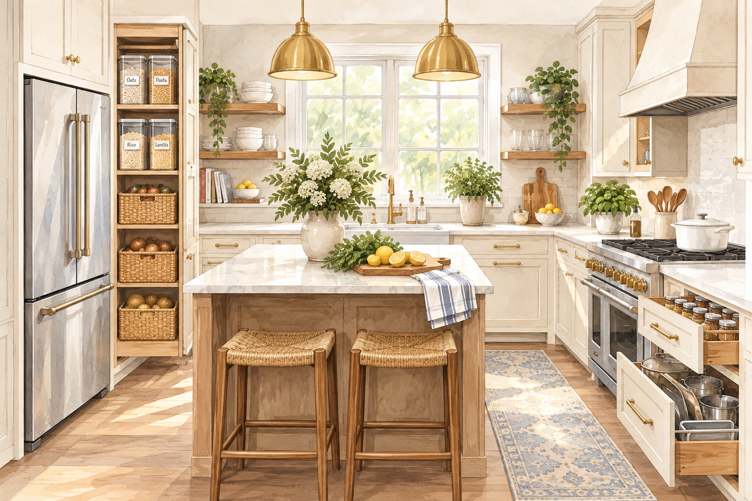 A bright kitchen with a pantry column beside the fridge, a prep island and pot drawers beside the range