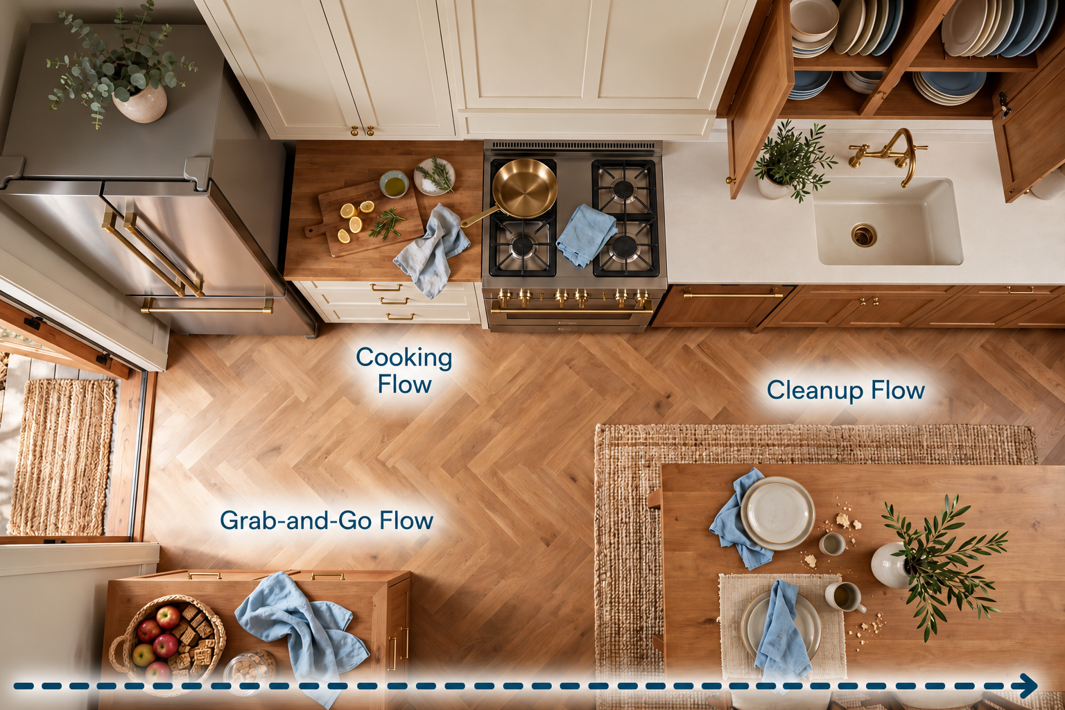 Overhead kitchen labelled Cooking Flow and Cleanup Flow, with a Grab-and-Go path along the bottom, clear of the stove