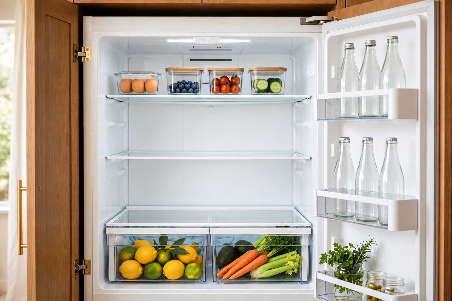 An open fridge after the weekly reset: eggs, berries and vegetables in lidded bins, two clear shelves, citrus in a drawer