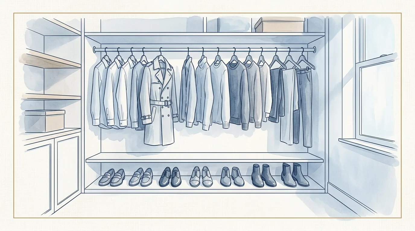 Watercolour illustration of a walk-in wardrobe at dawn, garments evenly spaced on a single hanging rail, shoes in a low even row beneath, one folded stack on an open shelf and nothing on the floor