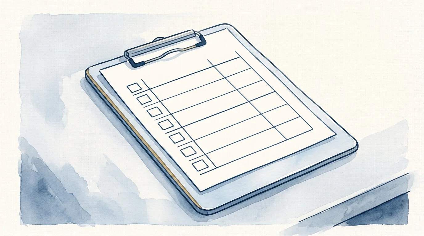 Watercolour illustration of a single wide blank ruled checklist lying flat on pale wood, a pencil resting across its lower edge and three small blank tags beside it