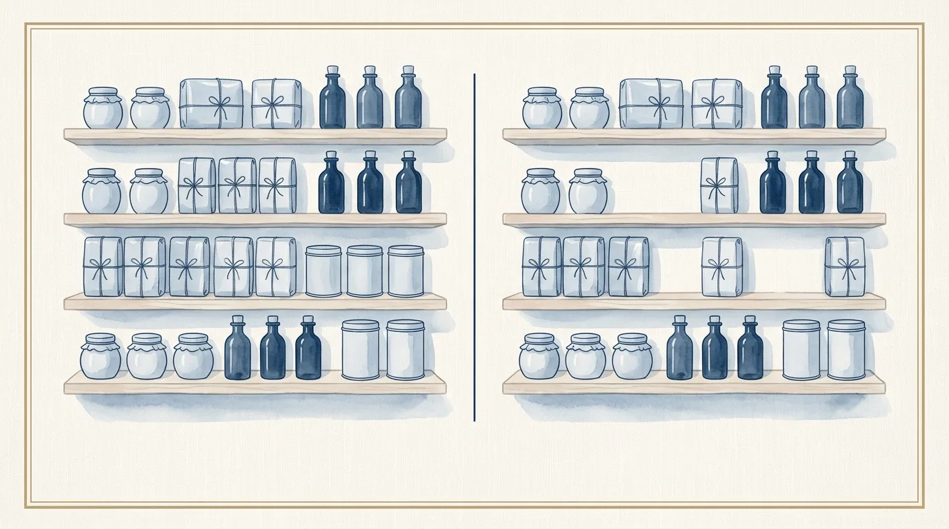 Watercolour illustration of two identical pale wood shelves side by side separated by a thin navy rule, the left fully stocked in even rows, the right holding the same shapes with three gaps