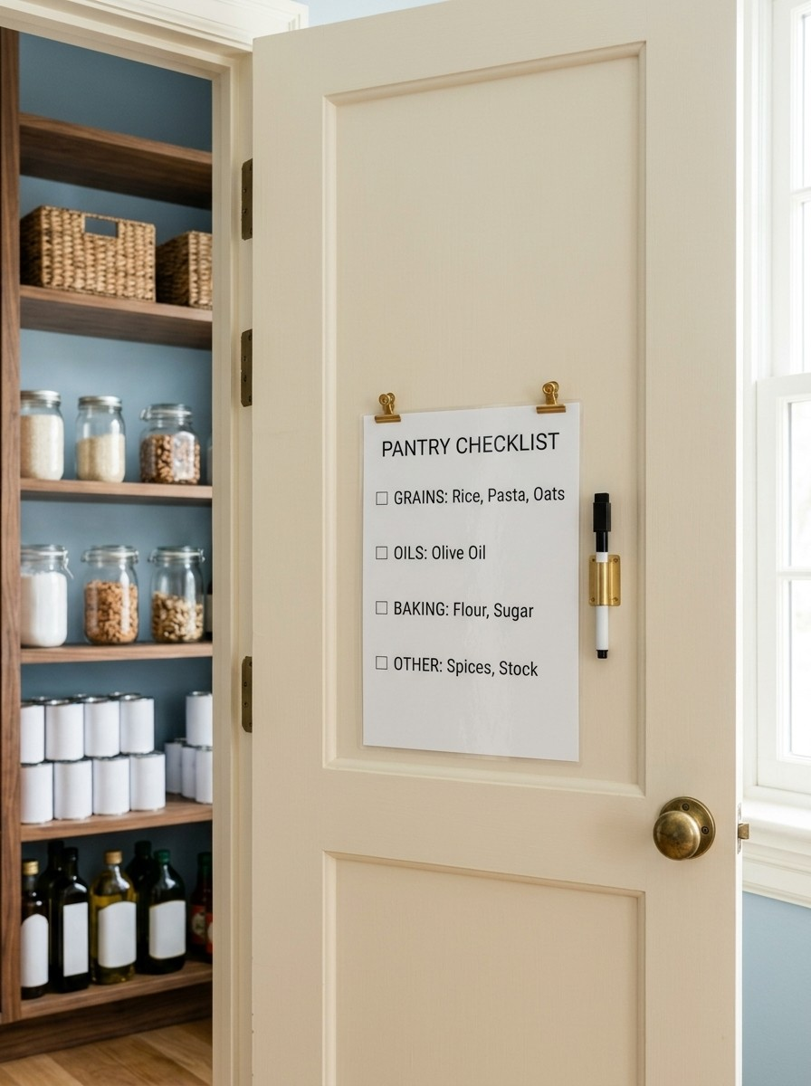 A pantry checklist of grains, oils, baking and other staples clipped inside an open pantry door, a dry erase marker by it