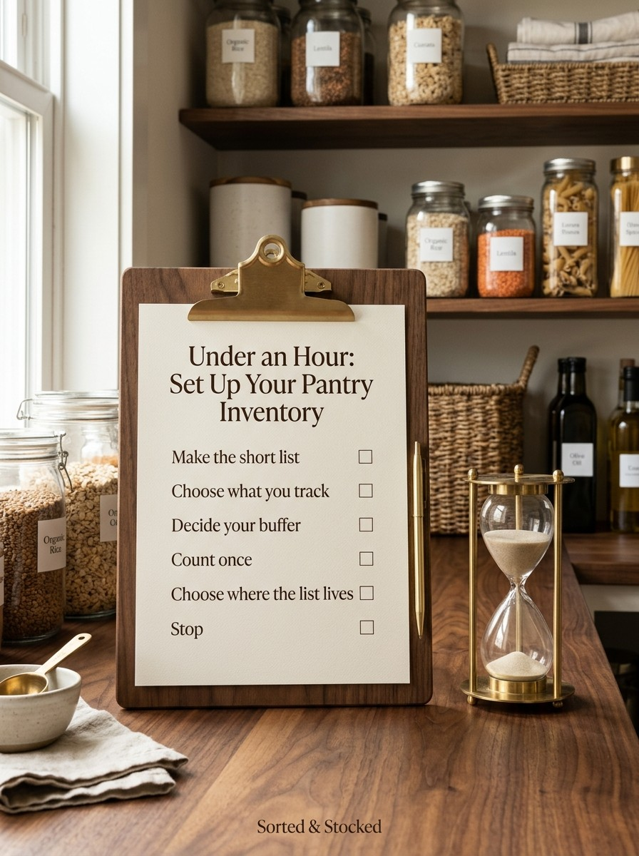 A clipboard titled Under an Hour: Set Up Your Pantry Inventory, six steps with check boxes, beside a brass hourglass