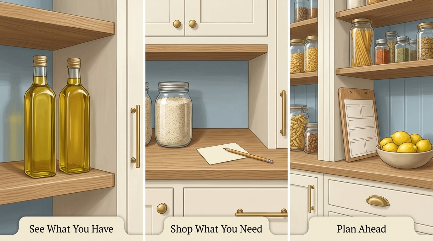 Three pantry panels labelled See What You Have, Shop What You Need and Plan Ahead: oil bottles, a rice jar, a blank planner
