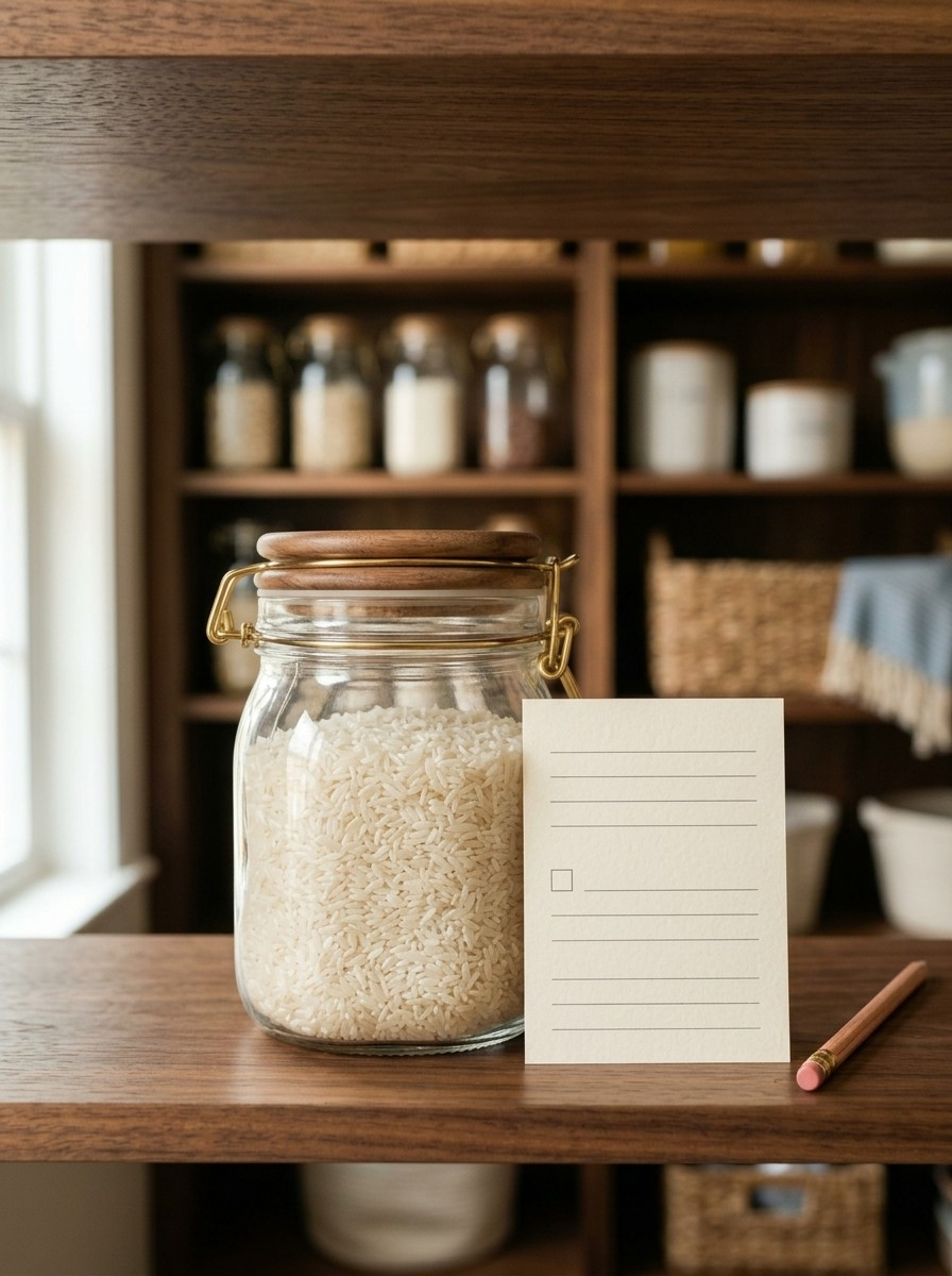 A single glass jar of white rice with a wood lid on a pantry shelf, a blank card with one check box and a pencil beside it