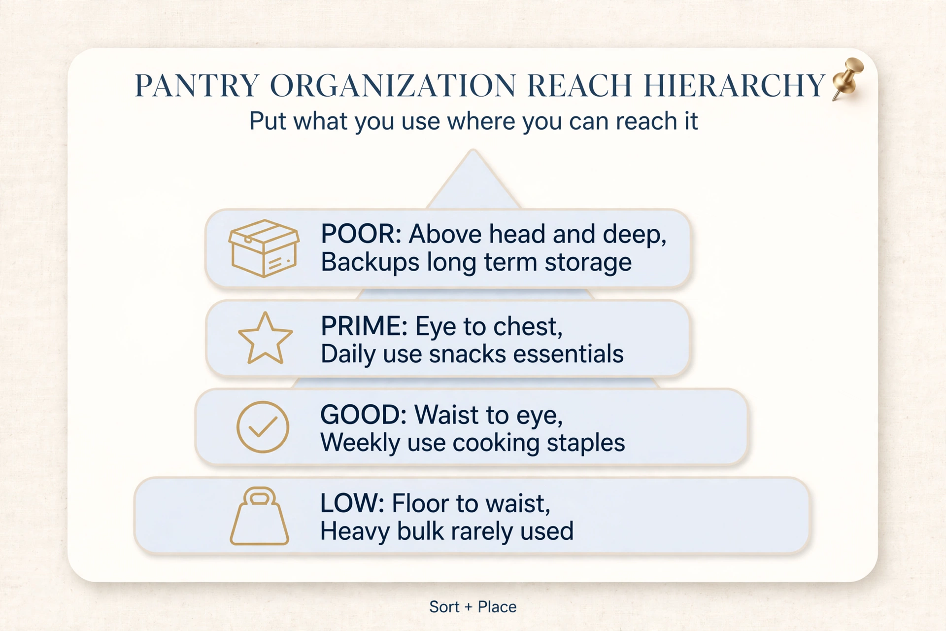 Pantry organization reach hierarchy pyramid - prime eye to chest daily good waist to eye weekly low heavy bulk poor top backups