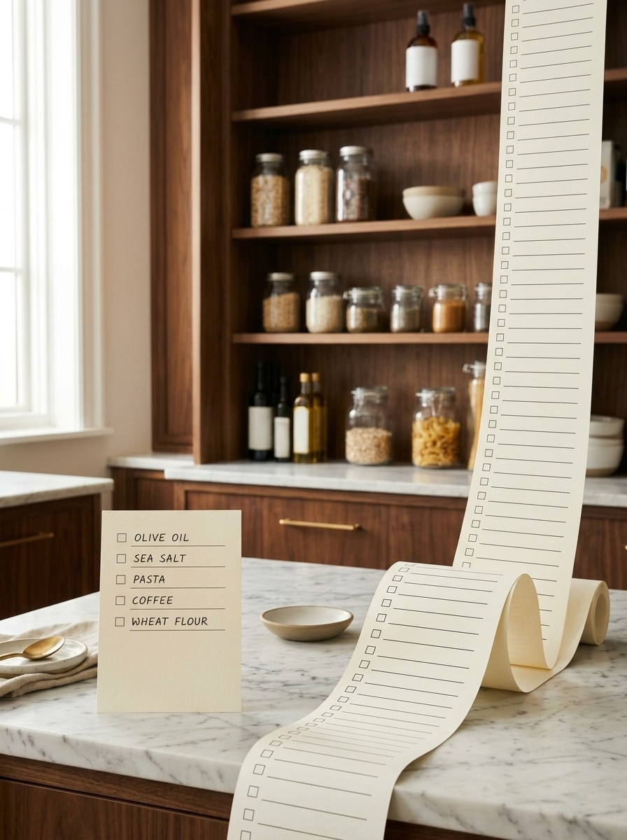A short card listing olive oil, sea salt, pasta, coffee and wheat flour beside a long blank checklist spilling off a counter
