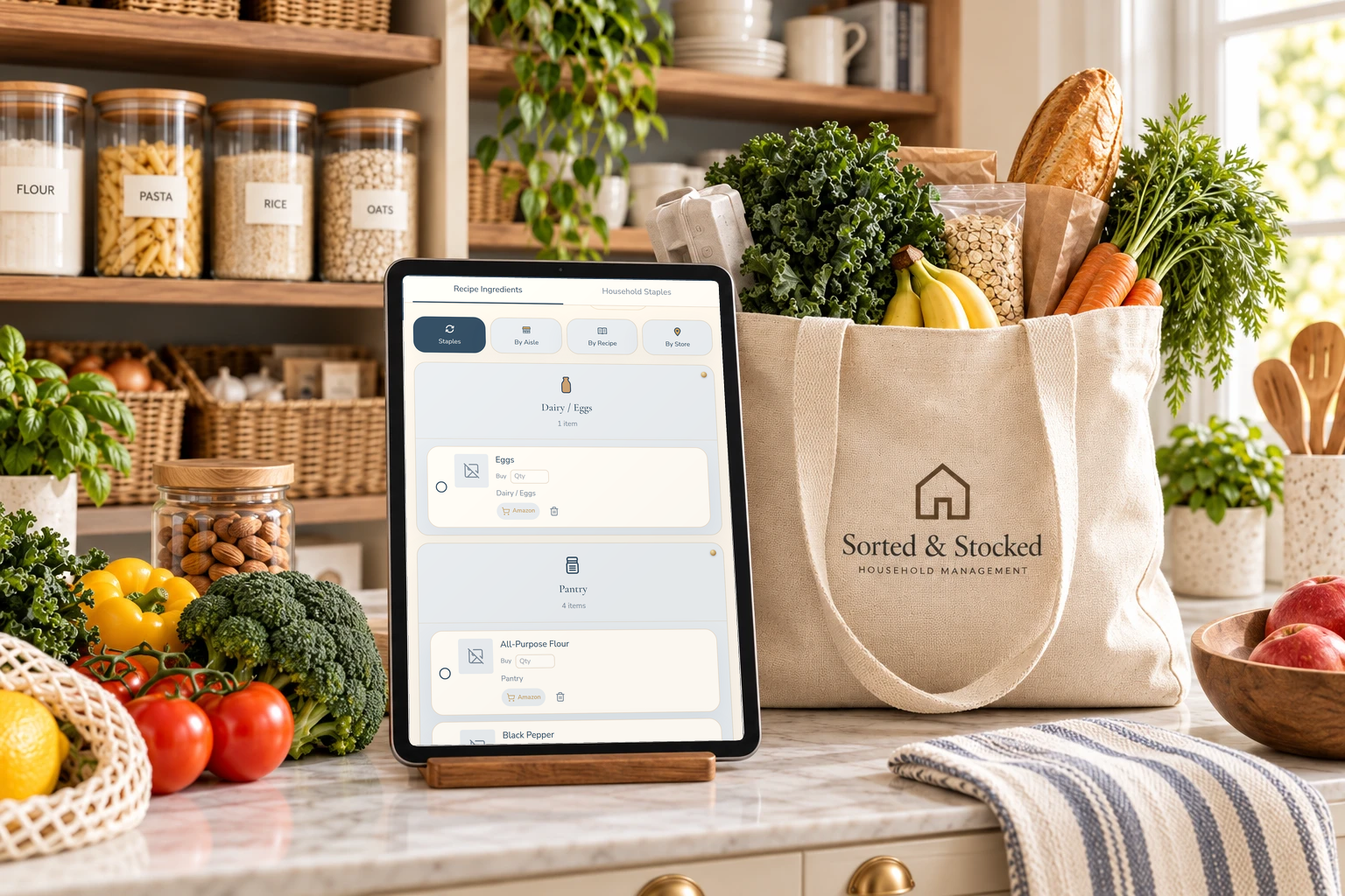 A tablet showing the Sorted & Stocked shopping list, Eggs under Dairy / Eggs, beside a canvas tote of greens and bread