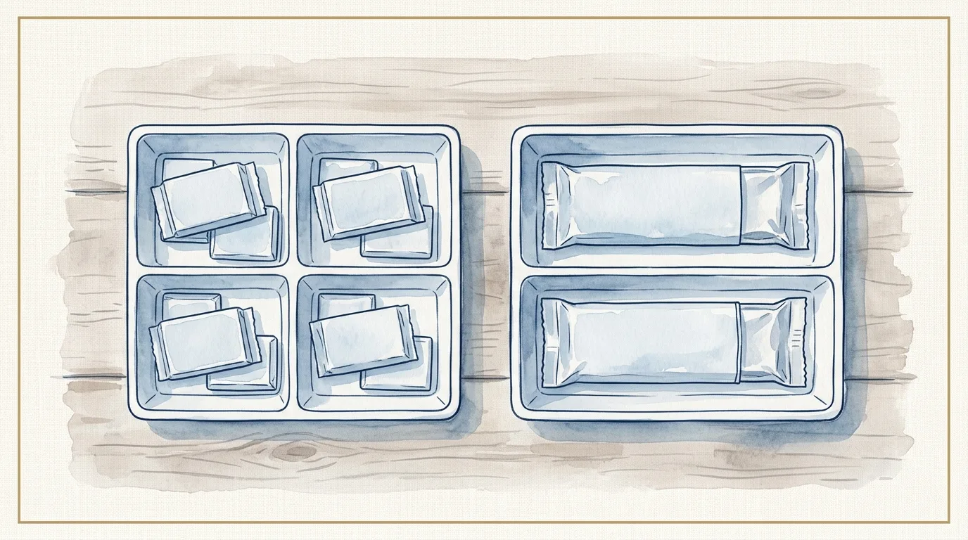 Watercolour grid of four small household scenes divided by thin navy rules: a folded laundry stack, a cleared kitchen counter, a bath shelf with three evenly spaced bottles, and an entry bench holding one basket