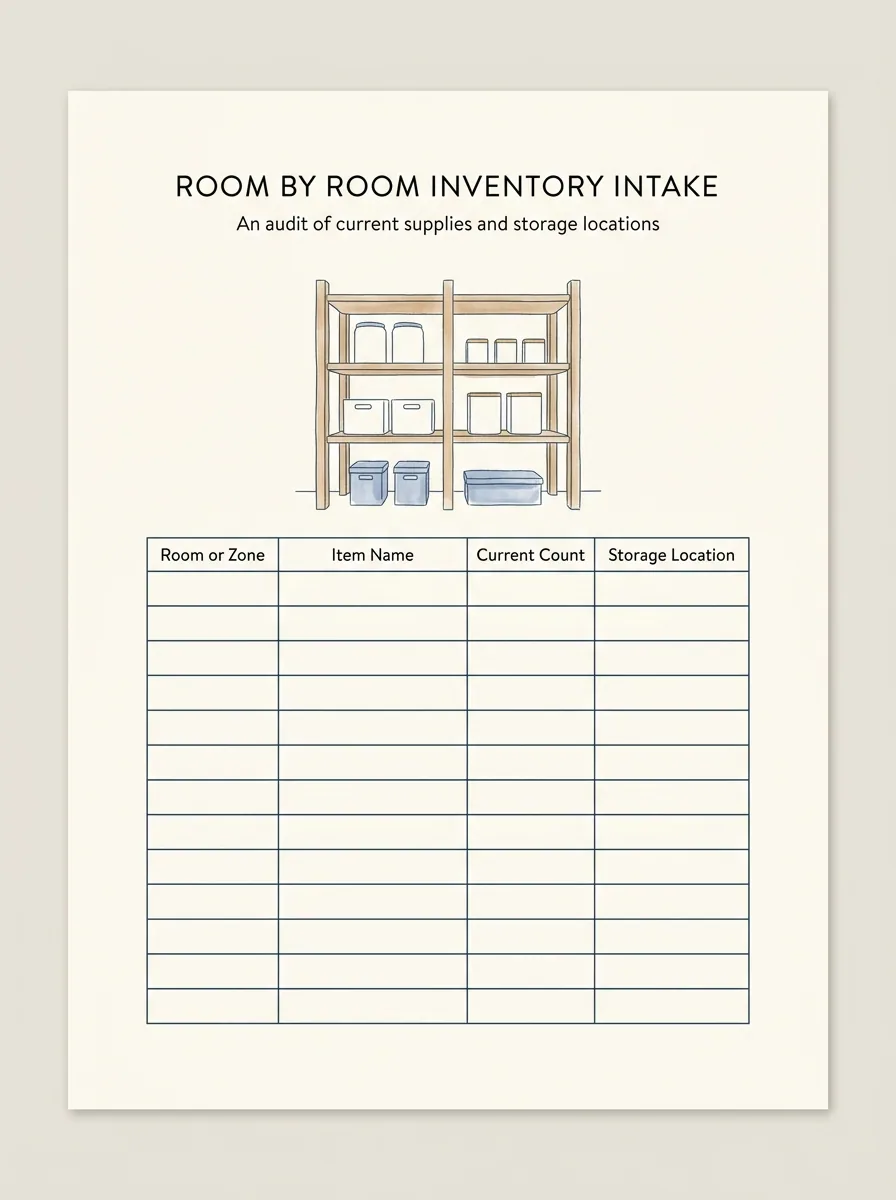 Watercolour illustration of a blank ruled intake sheet on pale paper lying flat on a wooden floor beside an open doorway, a pencil resting across its corner and one shallow empty bin beside it