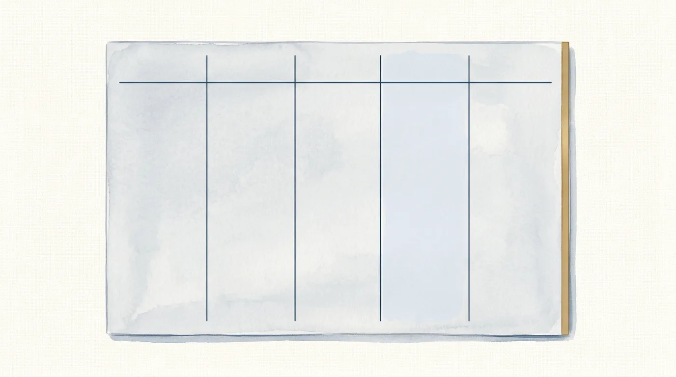 Watercolour illustration of a weekly planning board with seven narrow blank columns divided by thin navy rules, the fifth and sixth columns tinted mist blue beneath a single brass rule
