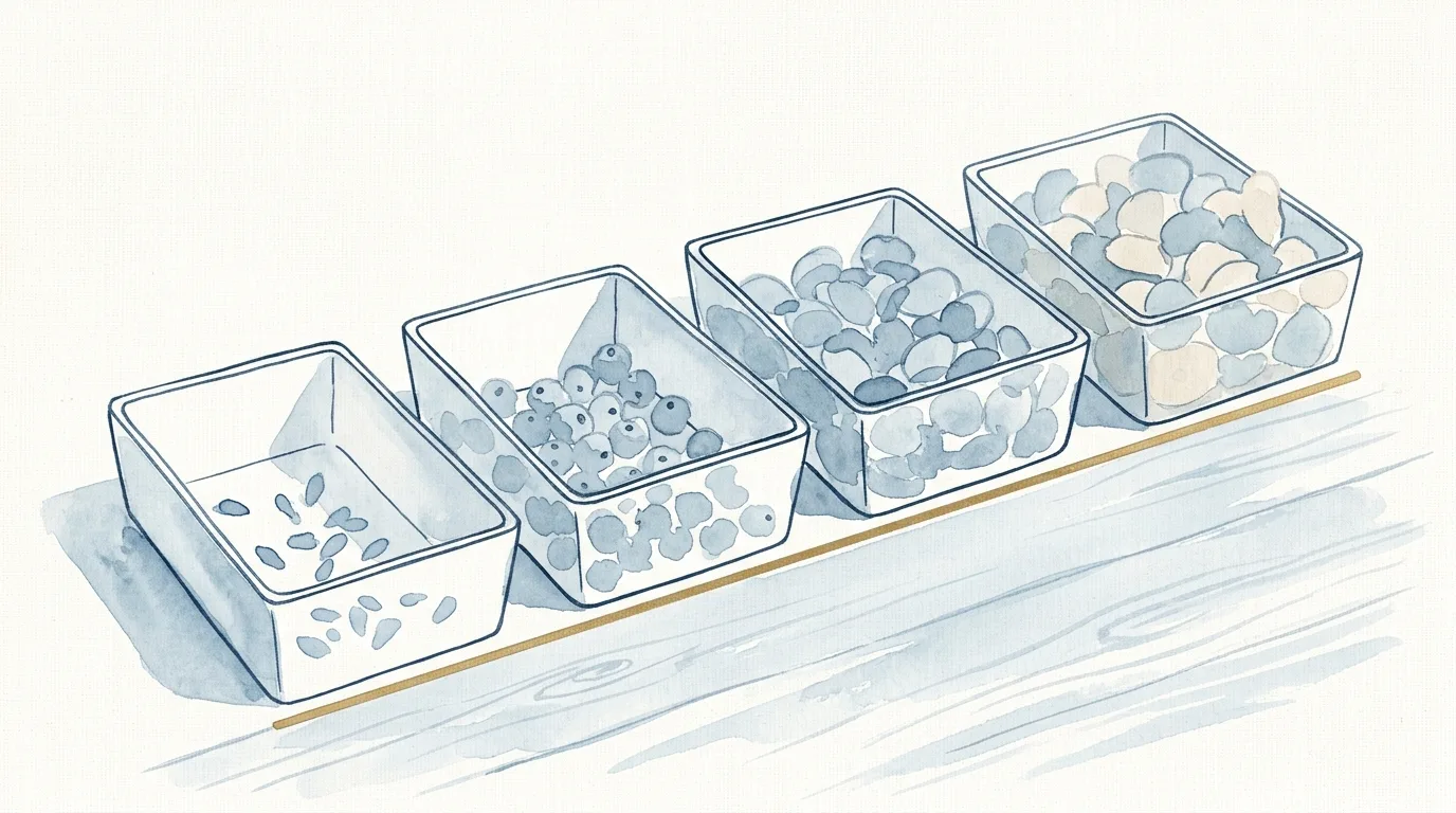 Watercolour illustration of four shallow open bins arranged in a rising diagonal across a pale wood surface, each fuller than the last, above a thin brass rule