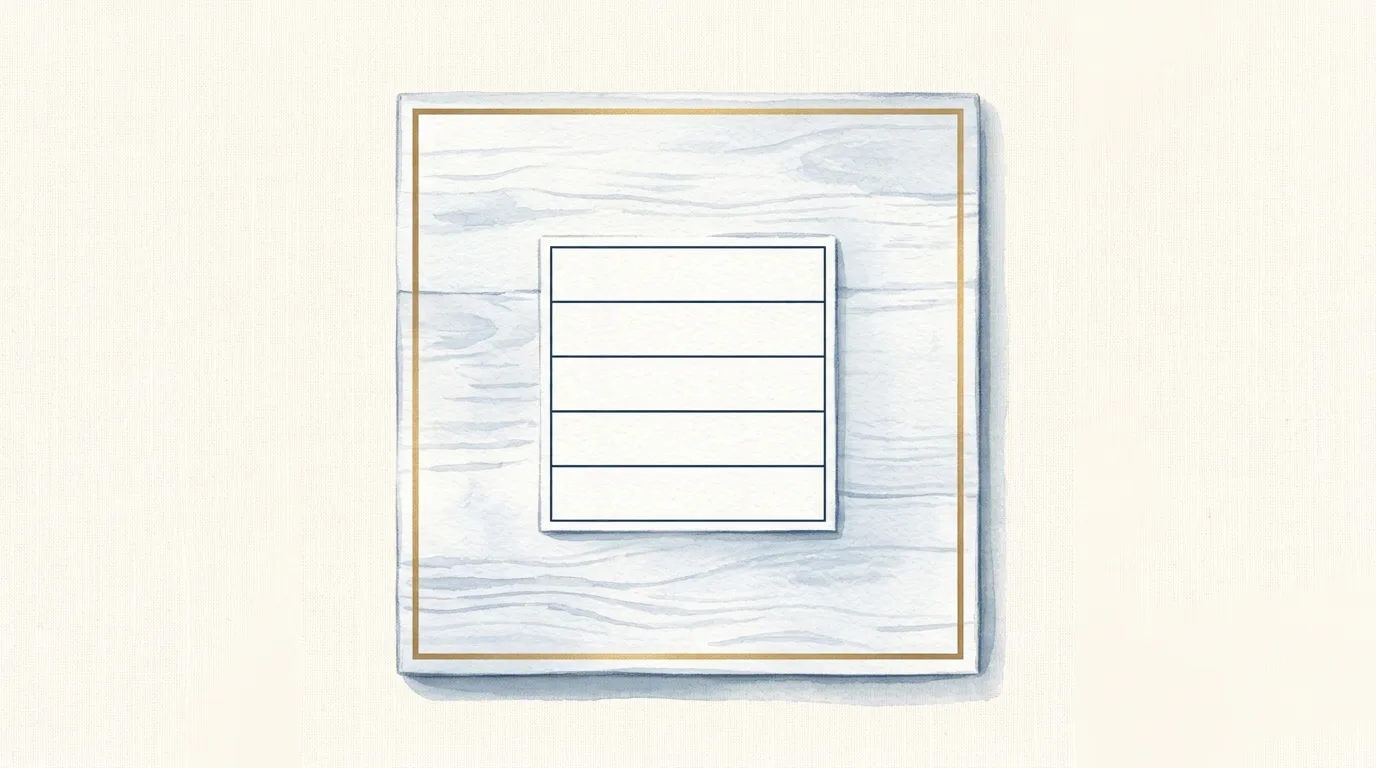 Watercolour illustration of a blank procedure sheet divided into four unequal blocks by thin navy rules, a narrow empty column down its left edge and a brass rule across the top