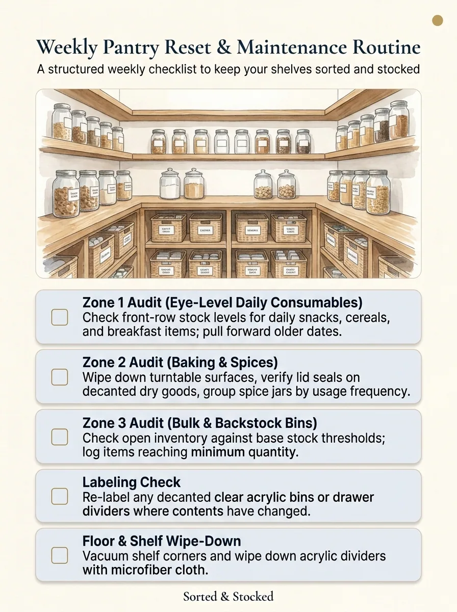 Watercolour illustration of a pantry shelf mid reset, the front row of jars pulled forward to the shelf edge with a clear gap behind them, one cloth folded at the shelf corner