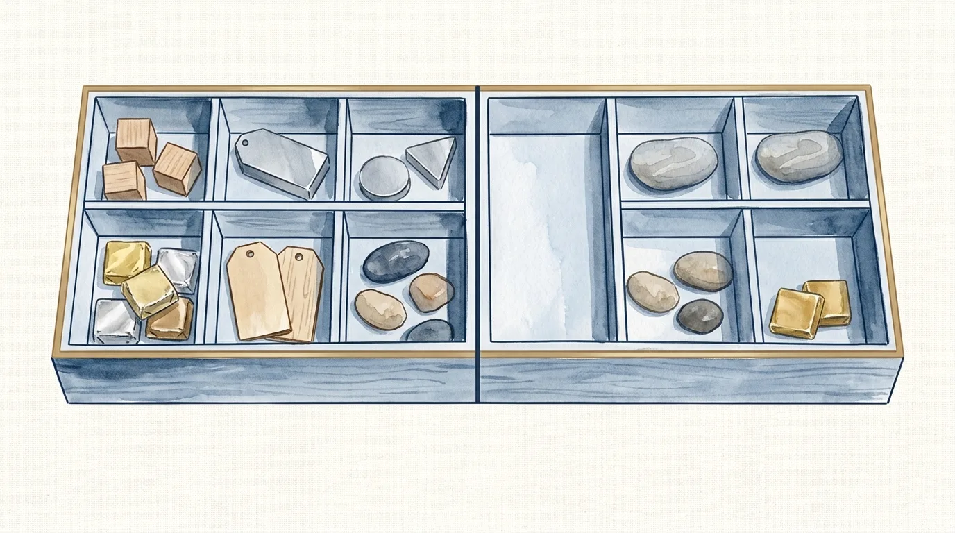 Watercolour illustration of two shallow trays side by side on a pale counter, the left holding standing jars and tins, the right holding the same shapes lying flat and empty, a thin brass rule running between them